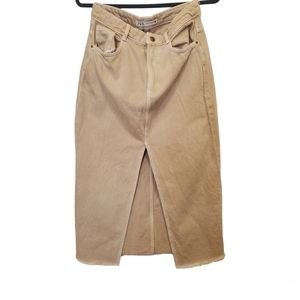 Tan denim midi skirt with front split
